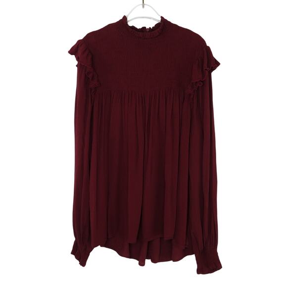 Knox Rose Maroon Pleated Long Sleeve Smocked High Neck Top Large - Picture 2 of 6